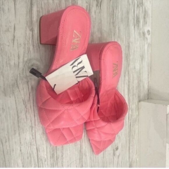 NWT Zara New Bright Pink Quilted Heeled Squared Toe Mules Shoes Sandals size 6 - Picture 6 of 13